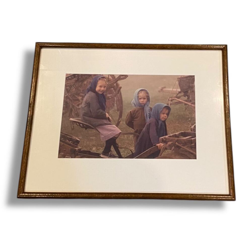 Vintage Rural Children Amish Photograph Framed Americana 20.5" x 16.25"